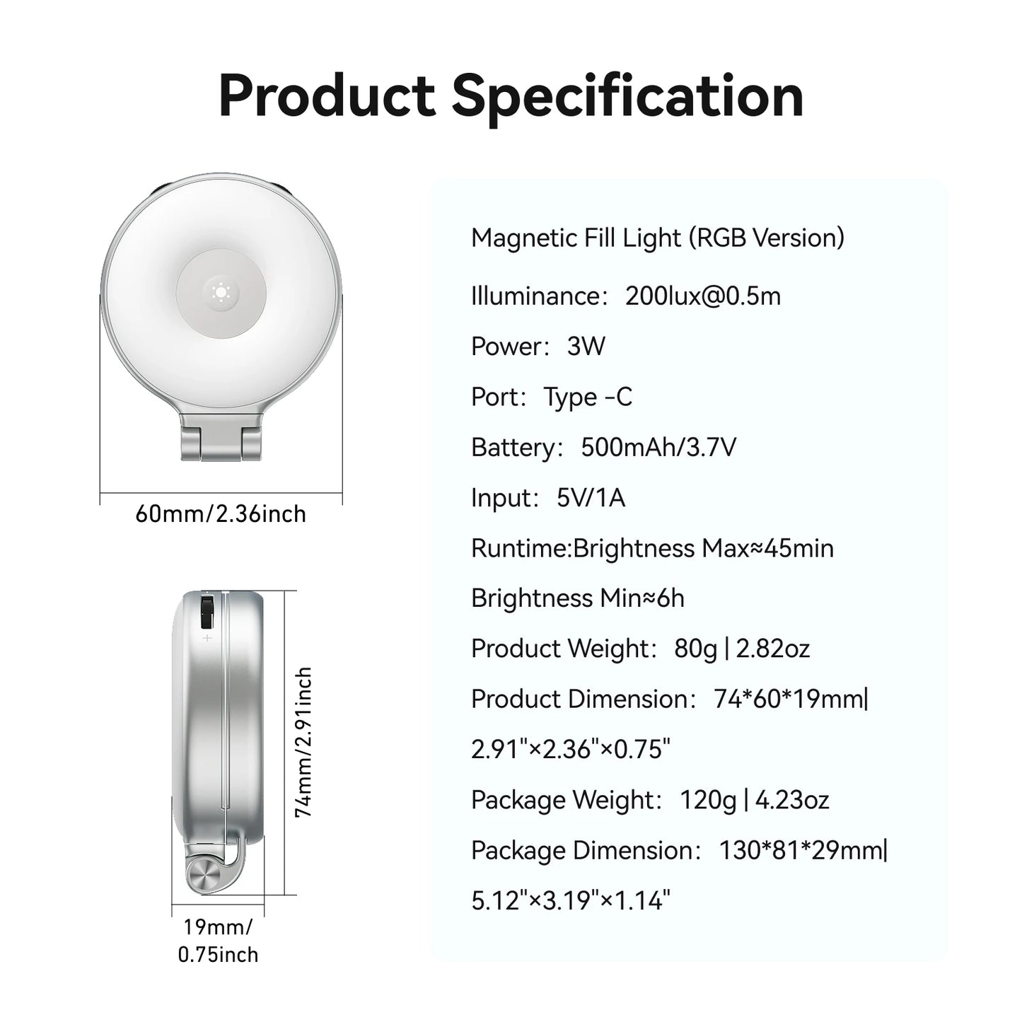 Magnetic 360° Rotation RGB Fill Light Mini Selfie Light 3 Mode Adjustable Color Brightness for Smartphone Iphone Android