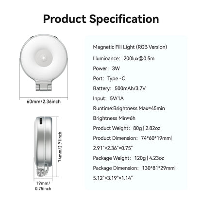 Magnetic 360° Rotation RGB Fill Light Mini Selfie Light 3 Mode Adjustable Color Brightness for Smartphone Iphone Android