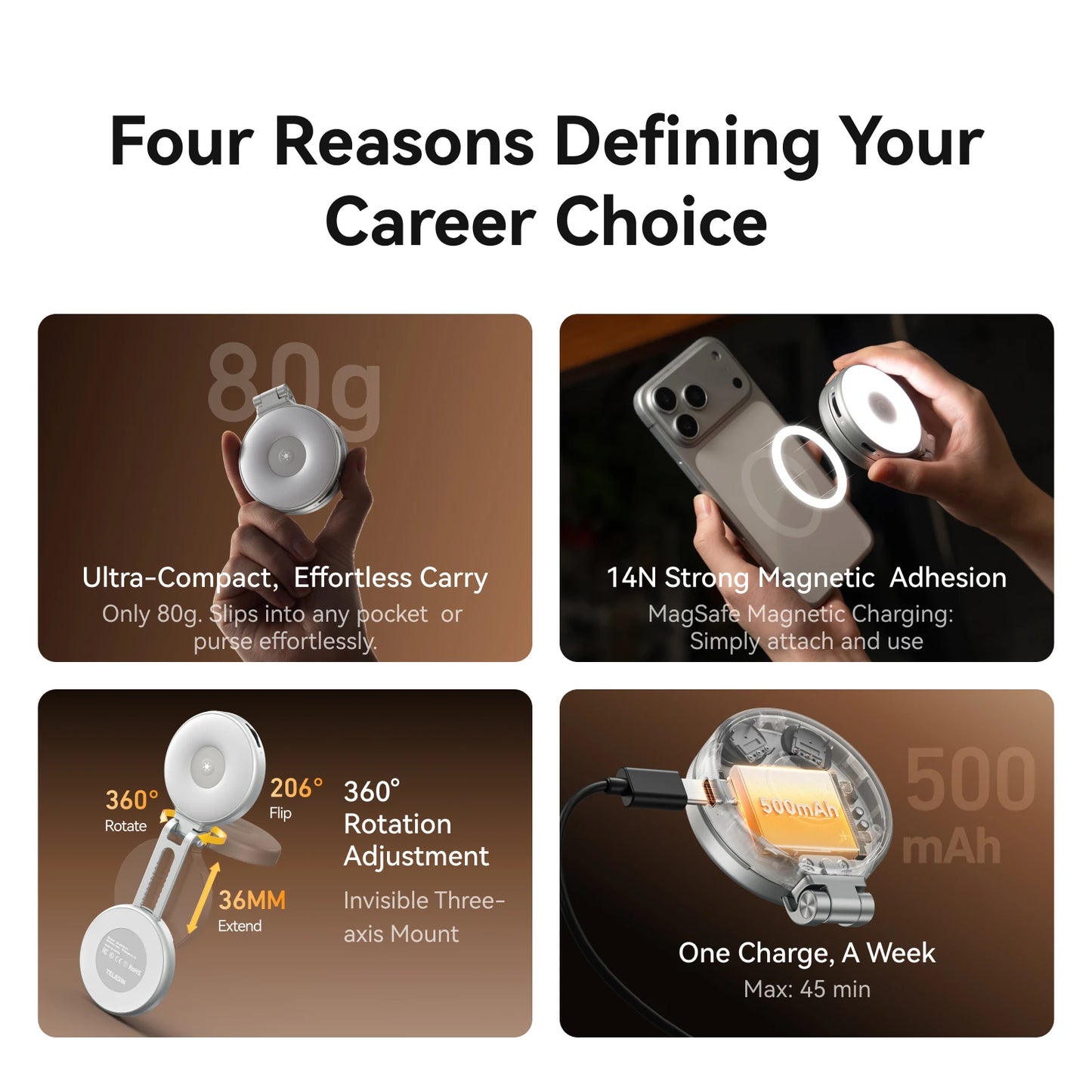 Magnetic 360° Rotation RGB Fill Light Mini Selfie Light 3 Mode Adjustable Color Brightness for Smartphone Iphone Android