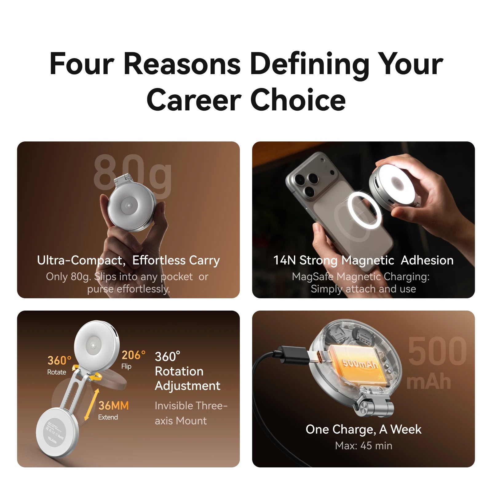 Magnetic 360° Rotation RGB Fill Light Mini Selfie Light 3 Mode Adjustable Color Brightness for Smartphone Iphone Android